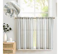 TOPICK Linen Striped Cafe Curtains - 24 Inch Drop, Small Window, Translucent, Ticking Stripe, Light Filtering, Farmhouse Bathroom, Laundry, 2 Panels, Blue Stripe