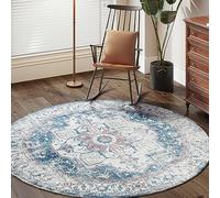 TOPICK Round Rug 150cm Machine Washable Vintage Rug Navy Blue Multi Carpet Thin Non Slip Circle Carpet for Kitchen Living Room Bedroom Dining Room Hall