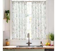 TOPICK Sage Green Linen Blend Floral Kitchen Cafe Curtains W36 xL45, 2 PCS