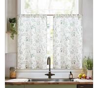 TOPICK Sage Green Linen Blend Floral Kitchen Curtains 20 Inch Drop Small Cafe Curtains Light Filtering Botanic Short Curtain Tiers for Bathroom Sink Rod Pocket, 20Wx20L Inch, 1 Panel