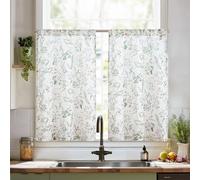 TOPICK Sage Green Linen Blend Floral Kitchen Curtains 36 Inch Drop Small Cafe Curtains Light Filtering Botanic Short Curtain Tiers for Cupboard Bathroom Cabinet Sink Rod Pocket 2 Panels