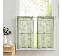 TOPICK Sage Green Sheer Kitchen Cafe Curtains Leaf Embroidered Voile Tiers Short Half Window Semi Sheer RV Camper Curtains Farmhouse Small Door Bathroom Basement Curtains 36 Inch Rod Pocket 2 Panels