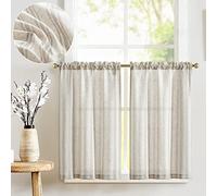 TOPICK Striped Light Filtering Privacy Kitchen Curtains, Short Curtain Tiers for Living Room, Bedroom, Bathroom, Cupboard, W 26 x L 36 Inch Drop Linen Look Rod Pocket Cafe Curtains, Grey on Beige