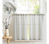 TOPICK Striped Short Curtains for Kitchen, Living Room, Bedroom, Bathroom, Cupboard, 24 Inch Drop Linen Look Cafe Curtain Tiers, Rod Pocket Light Filtering Privacy Curtains, Blue on Beige, W26xL24