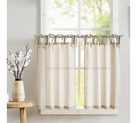 TOPICK Taupe Striped Linen Blend Kitchen Curtains for Living Room Bathroom Cupboard Bedroom 24 Inch Drop Pinstripe Cafe Small Window Curtains Light Filtering Tie Top 2 Panels