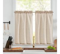 TOPICK Taupe Striped Linen Look Kitchen Curtains, Pinstripe Cafe Curtains 30 Inch Drop, Light Filtering Small Window Rod Pocket 2 Drapes for Living Room, Bathroom, Cupboard, Bedroom, W 26 x L 30 Inch