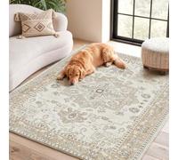 TOPICK Vintage Beige Taupe Rugs Bedroom, 120x170, Washable, Stain Resistant | Cashmere Texture Carpet, Short Pile Area Rug for Living Room, Dining Room, Home, Office, No Slip, Lightweight, Non-Shedding