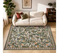 TOPICK Vintage Bird Washable Rug 140x200, Green, Cashmere Texture, Non-Slip
