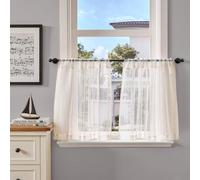 TOPICK Voile Striped Net Kitchen Curtains Flax Texture 24 Inch Drop Sheer Light Filtering Cafe Curtains Short Curtain Tiers for Bathroom Living Room Small Windows Cupboard Rod Pocket 2 Panels Crude