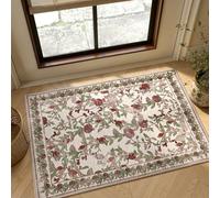 TOPICK Washable Non-Slip Door Mat 60x90, Beige Red Vintage Bird Printed Rug