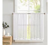 TOPICK White Lace Net Kitchen Curtains 36 Inch Drop Small Cafe Curtains Leaf Pattern Light Filtering Curtain Tiers for Bathroom Sink Cupboard Cabinet Rod Pocket 2 Panels