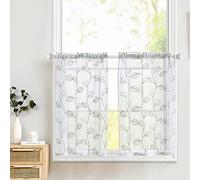 Topick White Sheer Kitchen Curtains - Sage Green Leaf Embroidered Cafe Semi Sheer Short Half Window RV Camper Tier Farmhouse Door Bathroom Basement 36 Inch Rod Pocket 2 Panels