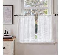 TOPICK White Voile Net Kitchen Curtains with Leaf Pattern 24 Inch Drop Sheer Light Filtering Cafe Curtains Short Curtain Tiers for Bathroom RV Cabinet Cupboard Rod Pocket 2 Panels