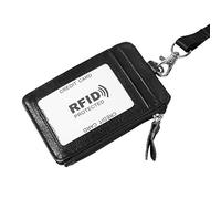 Topiky Cowhide Blocking ID Badge Card Holder Wallet | Vertical Neck Lanyard Style, Transparent Window Slot, Detachable Strap, Classic Leather Texture