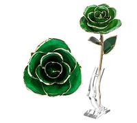 TOPINCN 24K Real Artificial Flower Forever Green Rose Gold Rose with Leaf and Base Long Lasting Preserved Flower Craft Decorations for Festivals and Gifts