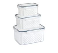 TOPINCN 3 Set Food Storage Containers for Fridge, Fruit Vegetable Drain Basket Boxes with Removable Colander, Transparent Refrigerator Organizer Bins with Lids for Kitchen Pantry