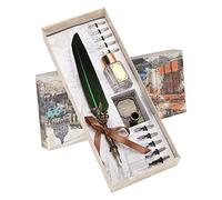 TOPINCN Feather Pen Set Pen Insert Creative Vintage Retro Gift Suit Dipping Pen Retro Feather Pen Feather Stainless Steel Glass Quill (Dark Green)