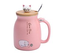 TOPINCN Lovely Solid Cat Ceramic Mug with Spoon and Wooden Lid Coffee Water Milk Cup for Drinkware Gift Office Home 1Pc (Pink)