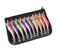 TOPIND Squid Jig Fishing Lures Kit 10pcs Luminous Tail Glow Fishing Wood Shrimp Lure Artificial Fishing Hooks Hard Octopus Cuttlefish Prawn Shrimp Bait with Bag (#2.5-10.5cm/4.13in)