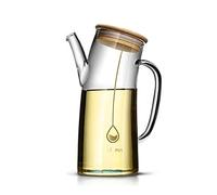 TOPIUNS Olive Oil Dispenser, Creative Glass Oil Container for Cooking, No drip Vegetable Oil Pour Bottles with spout for Kitchen, Decorative Oil Pourer Jars Decanter with Bamboo Cover (750ML)
