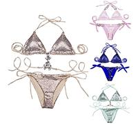 TOPJIAO Triangle Sequin Bikini Sets for Women,Sexy Halter Sequins with Diamond Tummy Control Push Up Vintage Padded Bathing Suits,Crystal Sequins Bikini Set Ladies Bandage Swimwear Costume Swimwear