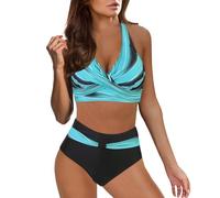 TOPJIAO Women 2 Piece Swimsuits,push up String Bikini Triangle Halter Sets Soft Tops & High-Waisted Bottoms Hot Diamonds Gather Retro Print Tummy Control Padded For Beach,Sunbathing,Pool UK Ladies