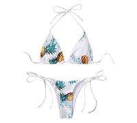 TOPJIAO Women's Brazilian Triangle Bikini Sets,Sexy Halter Pineapple Print Bikini Top With Thong Bikini Female Split Swimsuit Printed Sexy Three-point Ladies Pineapple Tankinis Set,Costume Swimwear