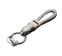 TOPKU Car Keychain Leather Elegant Detachable, Leopard Head with Blue Diamond Eyes, Silver, Large