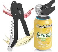 Topless Manual Soda Can Opener with Smooth Edge, 5-in-1 Multifunction Aluminum Pop-Top Can Lid Remover & Ring Pull Opener, Beer Bottle Opener, Wine Corkscrew & Foil Cutter