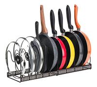 Toplife Expandable Pans Organiser Rack, 10 Adjustable Compartments, Pantry Cupboard Bakeware Lid Plate Holders, Brown