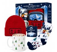 Topline Cozy Skiing Gift Set for Men - Ski Red Knitted Beanie Hat, Ceramic Mug, Cozy Socks & 20g Double Hot Chocolate Mix - Christmas Stocking Fillers, Birthday Gifts for Men, Winter Gifts for Women