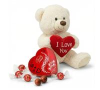 Topline Lindt Chocolates & Teddy for Womens Gifts - Milk Chocolate Heart Shaped Box with Truffles 200g & 60 cm Large Soft Teddy Bear for Valentines Day Gifts for Women or Birthdays