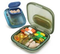 Toplive 2pcs Pill Case Portable Small - 4 Compartment Organiser Pill with a Magnetic Light-Avoiding Mini Pill Box,Portable Pocket Hold Vitamins, Cod Liver Oil,Supplements and Medication Blue&Green