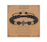 Toplstud First Holy Communion Gift for Boys - Cross Bracelets for Son Grandson Brothers Nephew - Prayer Card Black Beaded Rope Bracelets for Teen Boys - Religious Jewellery Present for Christians