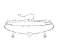 Toplstud Silver Ankle Bracelets for Women Adjustable Women's Anklets Double Layered Heart Zircons Pendant Anklets Waterproof Beach Ankle Jewelry Gifts