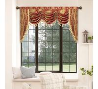 TOPLUXE Swag Valance for Windows, Damask Waterfall Valance with Tassels, Short Curtain for Bedroom Living Room Kitchen (Width 200cm, Red)