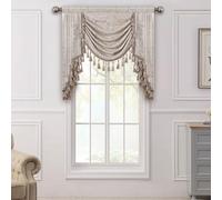 TOPLUXE Swag Valance for Windows, Damask Waterfall Valance with Tassels, Short Curtain for Bedroom Living Room Kitchen, Rod Pocket (Width 100cm, Beige & Gold)
