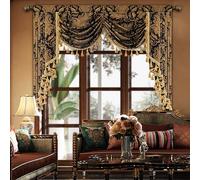 TOPLUXE Swag Valance for Windows, Damask Waterfall Valance with Tassels, Short Curtain for Bedroom Living Room Kitchen, Rod Pocket (Width 150cm, Black)