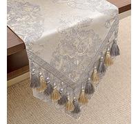 TOPLUXE Table Runner with Handmade Tassels, Damask Table Runner for Dining Room/Restaurant/Banquet Decoration (33x180cm, Beige)