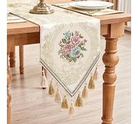 TOPLUXE Table Runner with Tassels, Floral Table Runner for Dining Room/Restaurant/Banquet/Festival Decoration (33x228cm, Beige)