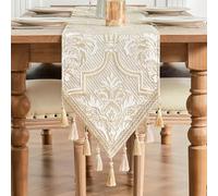 TOPLUXE Table Runner with Tassels, Jacquard Table Runner for Dining Room/Restaurant/Banquet/Festival Decoration (33x274cm, White)