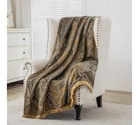 TOPLUXE Throw Blanket for Bed Sofa, Jacquard Sofa Throw 132x182cm Grey&Gold | Decorative Damask Bed Throw with Tassels for Sofa Couch Recliner Chair Living Room Bedroom
