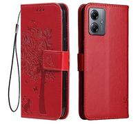Topme Leather Case for Motorola Moto g14 (6.5" Inches), [cat and Tree Pattern Style Phone Case] - Red