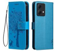 Topme Leather Case for Motorola Moto g84 (6.5" Inches), [cat and Tree Pattern Style Phone Case] - Blue