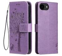Topme Leather Case for Smartphone, Compatible with iPhone 17e / 16e (6.1" Inches), [cat and Tree Pattern Style Phone Case] - Light Purple