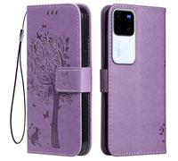 Topme Leather Case for vivo V30 Pro 5G (6.8" Inches), [cat and Tree Pattern Style Phone Case] - Light Purple