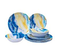 Topmela 12 Pcs Melamine Dinnerware Set - Indoor and Outdoor Durable Plastic Dishes Dishware，Melamine Dinner Plates and Bowls Sets Service for 4，Lightweight Unbreakable（Landscape Painting）