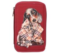 Depesche 13674 TOPModel Fur Ever Friends Filled 2-Compartment Pencil Case in Dark Red with Dog and Cat Motif, Pencil Case with Colouring Pencils, Scissors, Ruler and Much More