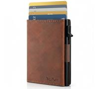 TopMost Genuine Leather Pop Up Wallet for Men, Credit Card Holder, RFID Blocking Ridge Wallets for Men with ID Window, Slim, Minimalist, 5-9 Card Capacity & Cash Bills, Brown Camel