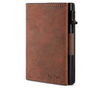 TopMost Genuine Leather Pop Up Wallet for Men, Credit Card Holder, RFID Blocking Ridge Wallets for Men with ID Window, Slim, Minimalist, 5-9 Card Capacity & Cash Bills, Brown Camel